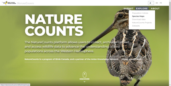 A screenshot of the homepage of the NatureCounts website. The user is hovering over 