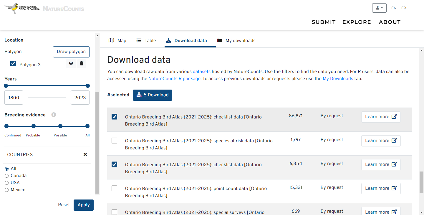 A screenshot of the NatureCounts website showing the Download Data tool, with two datasets selected for download.