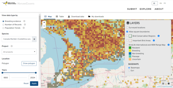 A screenshot of the NatureCounts data exploration tools showing a map for the breeding distribution of Canada Warbler. A panel has been opened showing various map layers that can be added such as atlas square boundaries and bird conservation regions.