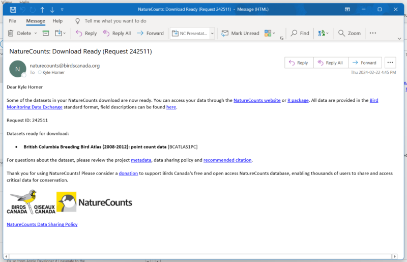 A screenshot of an email explaining that a NatureCounts data download is ready, and can be accessed through the NatureCounts website or R package.