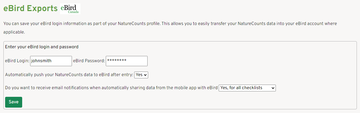 A screenshot of the NatureCounts website showing a box where the user can enter their eBird credentials.