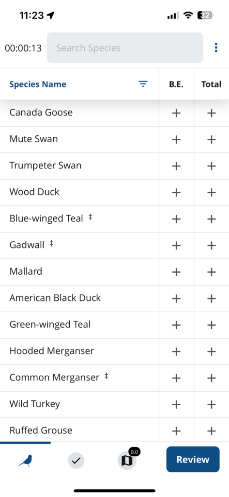 A screenshot of the NatureCounts app showing a checklist of birds that has not yet been filled out.