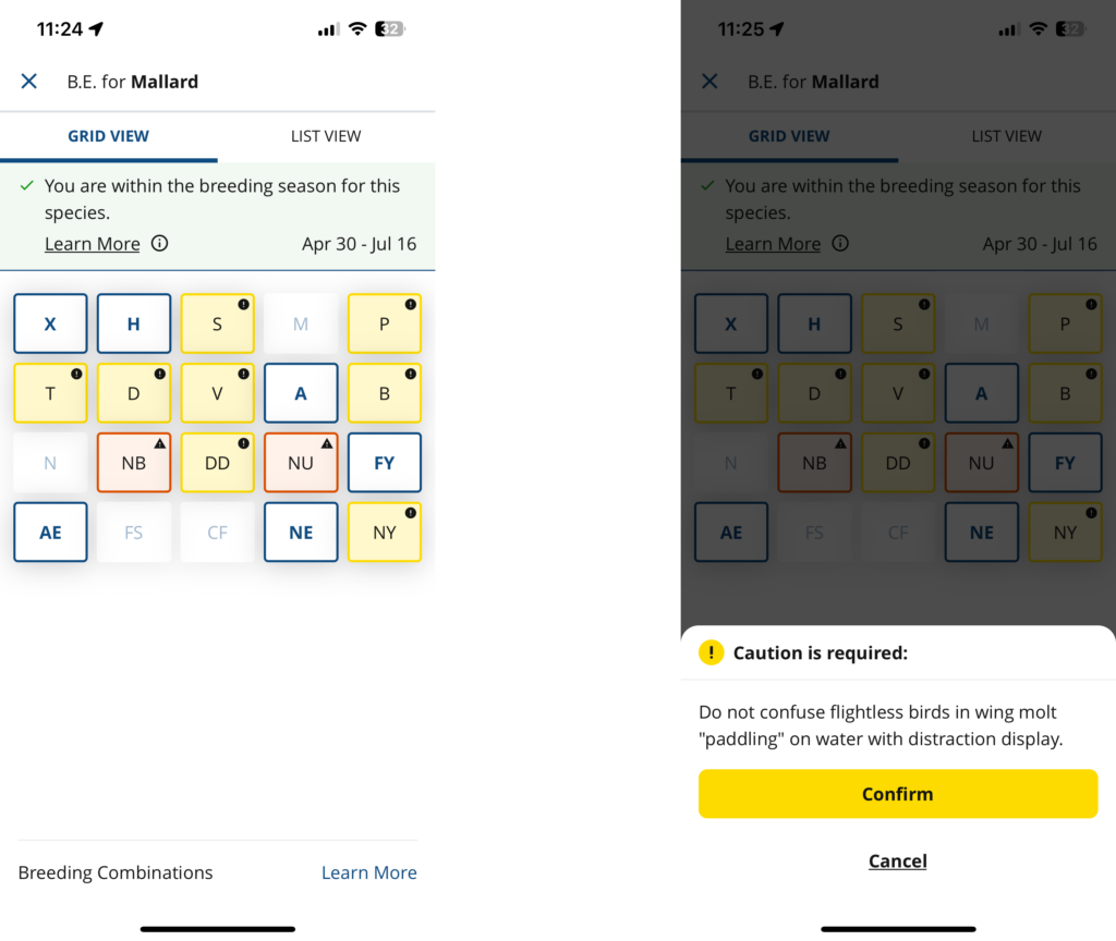 Screenshots of the NatureCounts app showing a grid of breeding evidence code, and a warning that the selected code may be inappropriate.