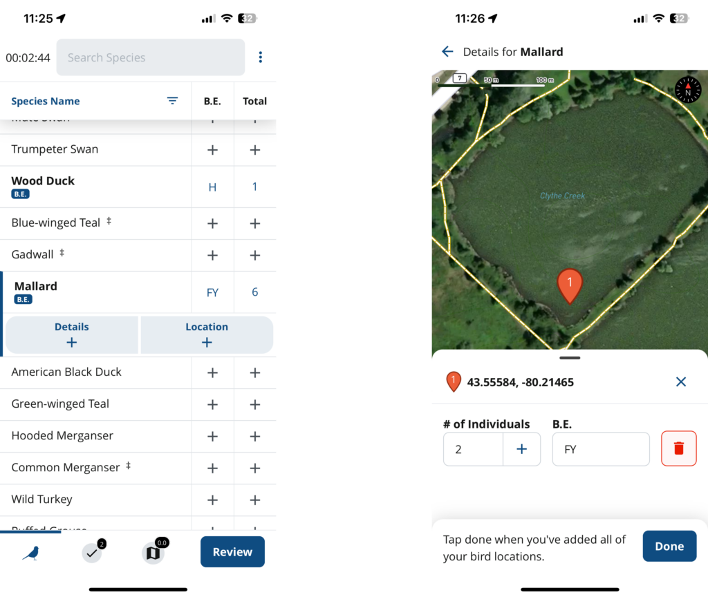 Screenshots of the NatureCounts app showing the user entering additional details and specifying a location on a map for a species observation.