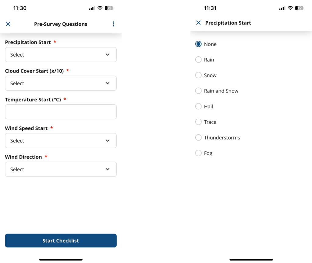 Screenshots of the NatureCounts app showing a list of pre-survey questions.