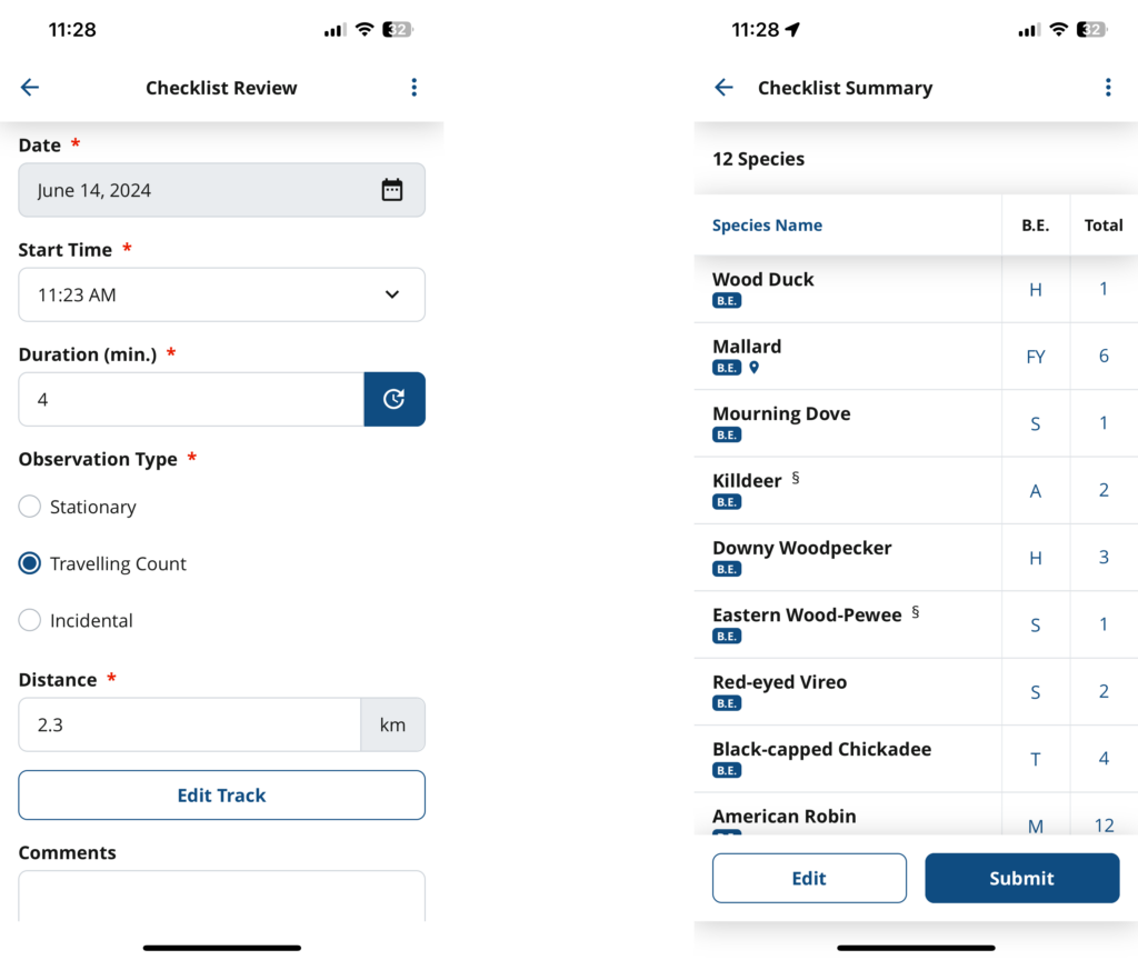 Screenshots of the NatureCounts app showing the process of reviewing a checklist.