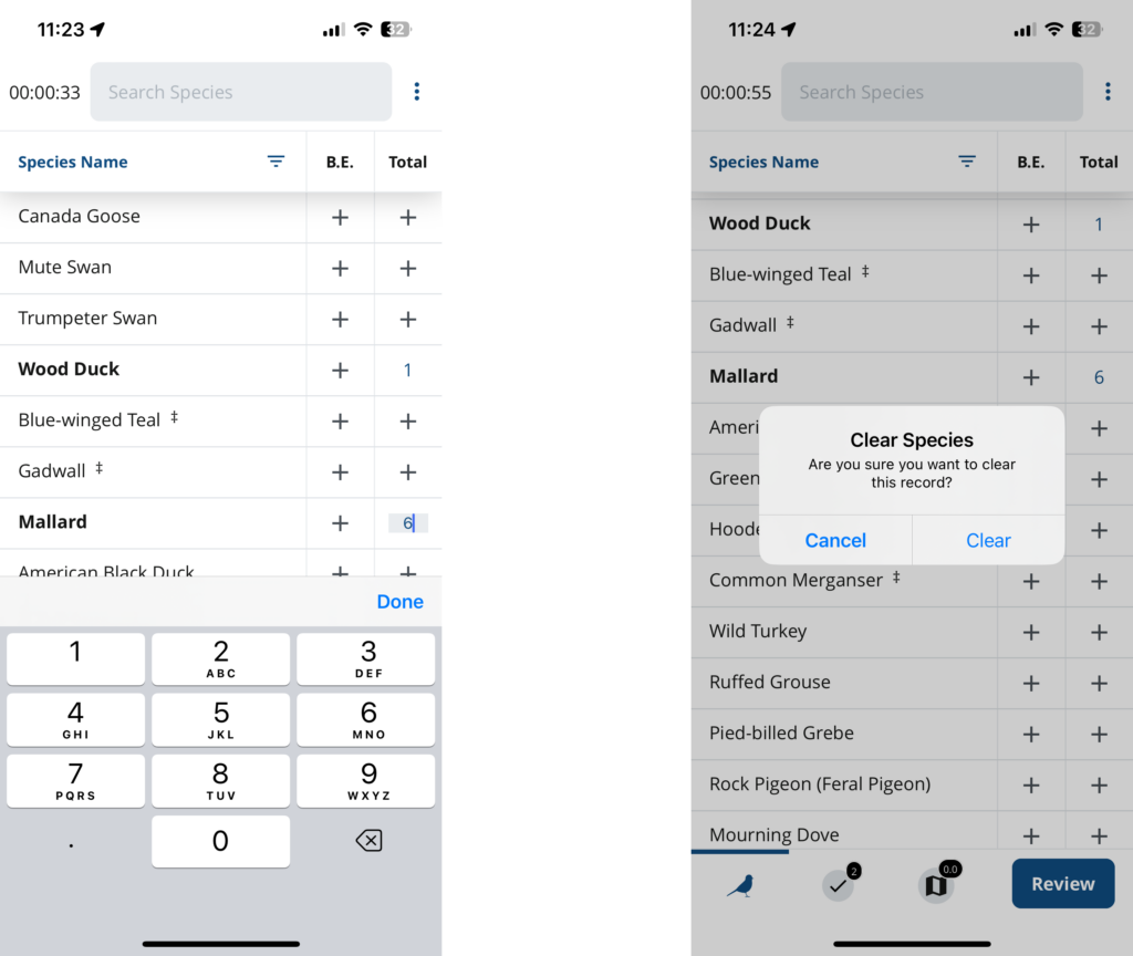 Screenshots of the app showing a user entering and deleting a species observation.