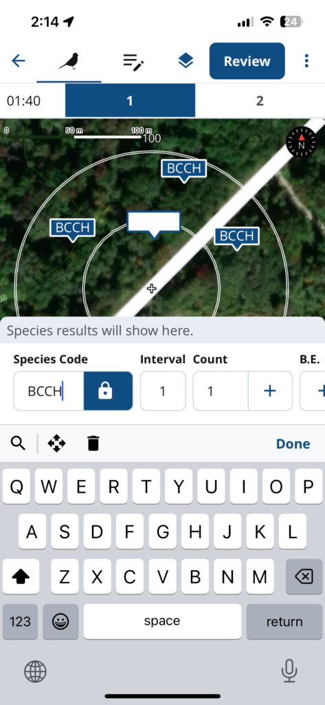 A screenshot of the NatureCounts app showing several observations of Black-capped Chickadees.