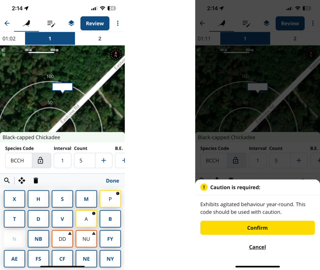 Screenshots of the NatureCounts app showing the process of selecting a breeding evidence code, and a warning that a chosen code may not be appropriate.