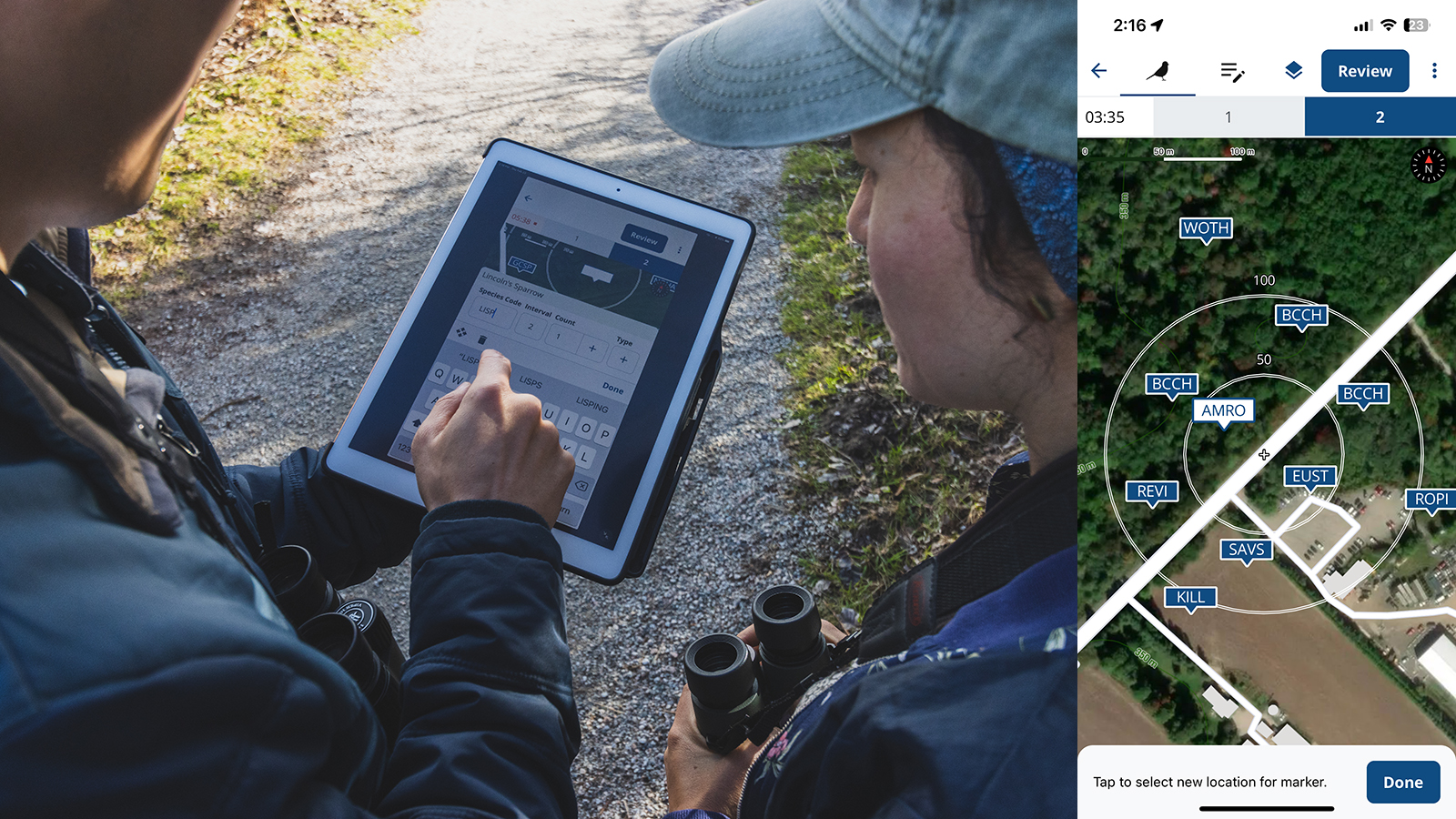 Two birdwatchers are looking at a tablet that is displaying the NatureCounts point count tool.