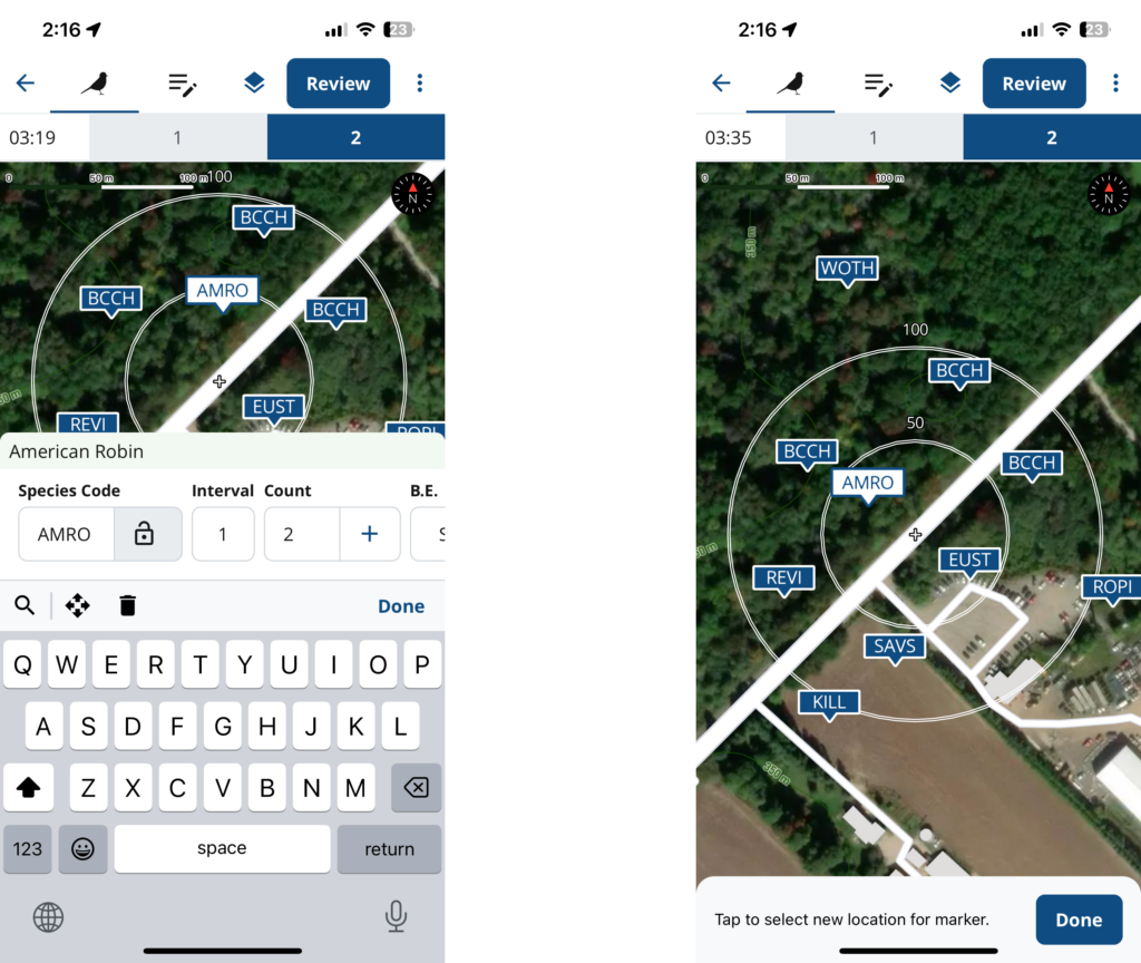 Screenshots of the NatureCounts app showing the process of moving a marker.