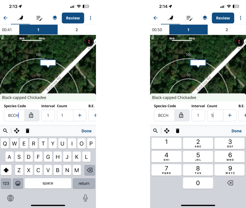 Screenshots of the NatureCounts app showing the process of entering the details of an observation.