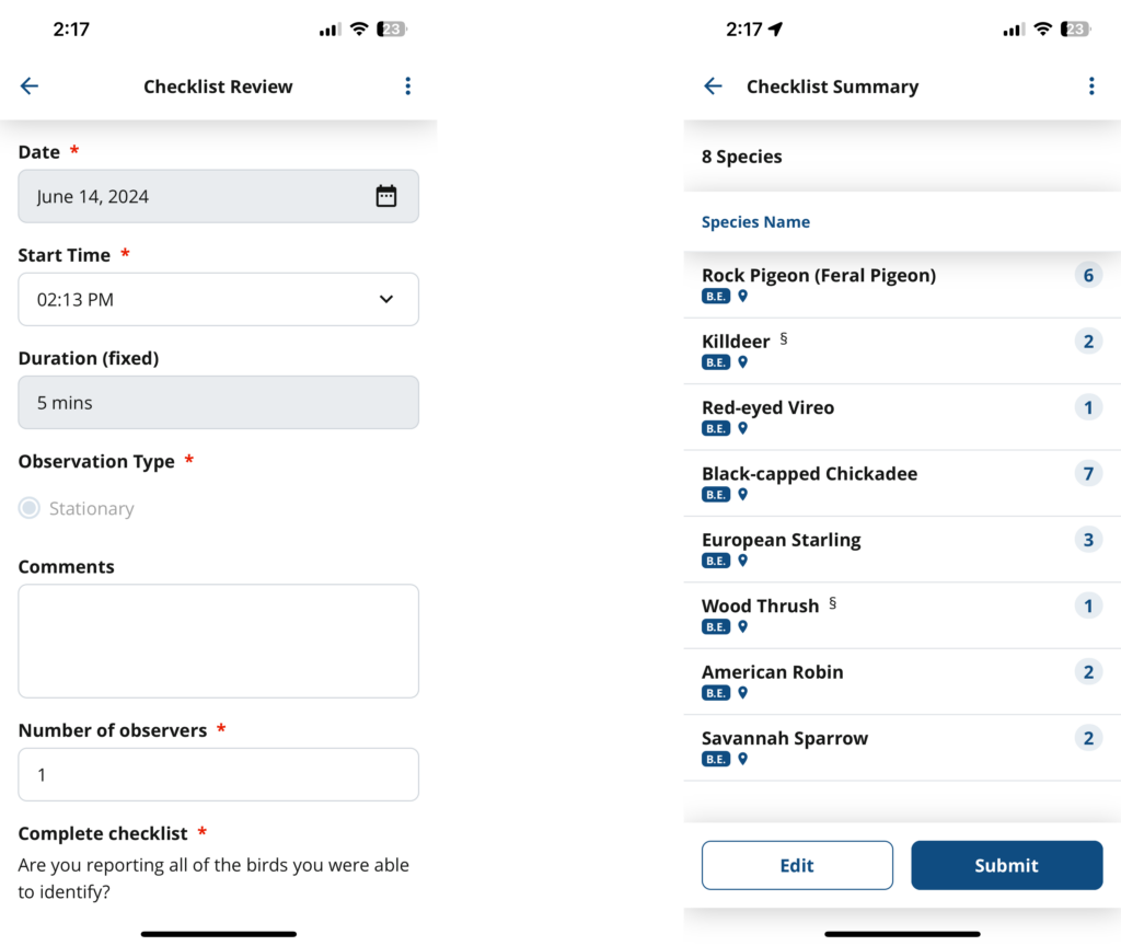 Screenshots of the NatureCounts app showing the process of reviewing a point count.