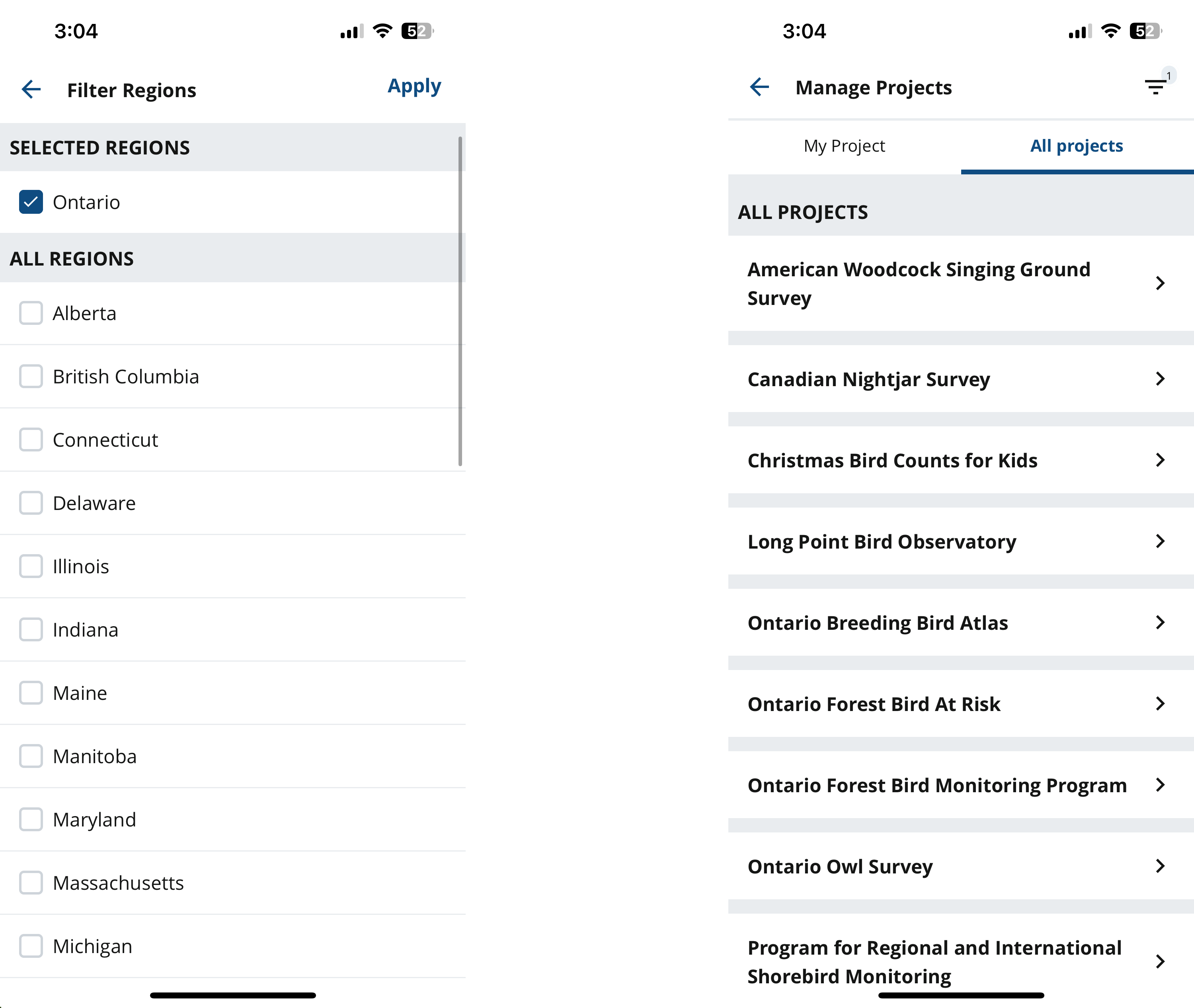 Screenshots from the NatureCounts app showing menus to select a region and select a project.