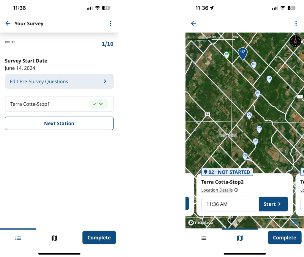 Screenshots of the NatureCounts app showing the process of complete a survey station and selecting the next station.