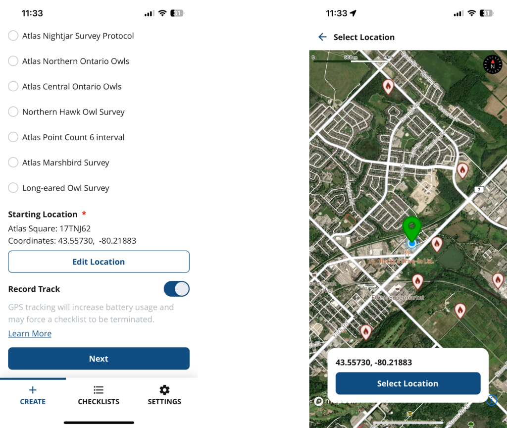 Screenshots of the NatureCounts app showing the process of selecting a location on a map.