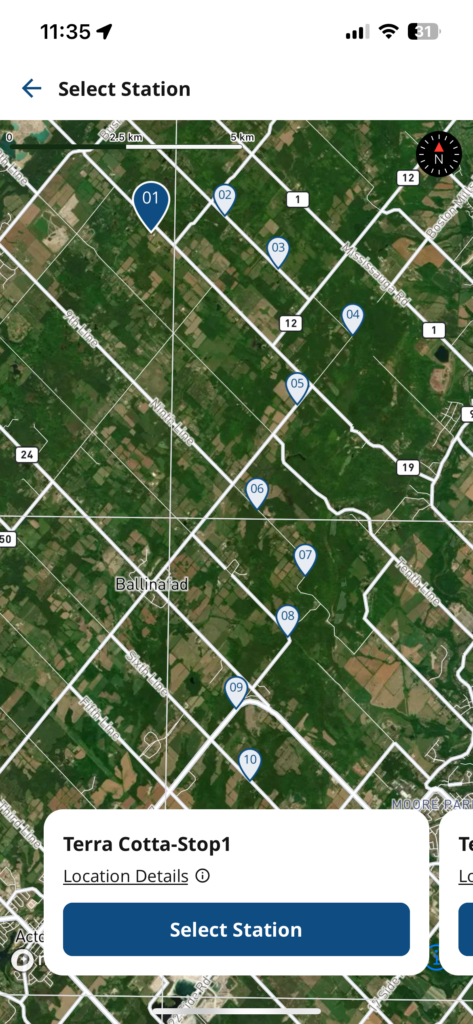 A screenshot of the NatureCounts app showing a survey route denoted by ten gray markers.