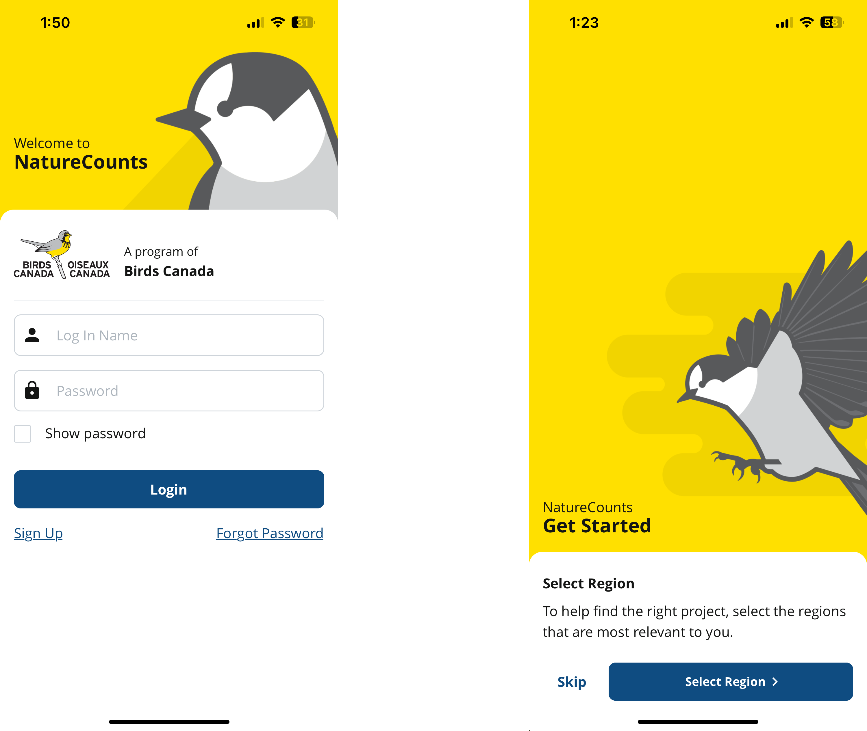 Screenshots from the NatureCounts app showing the sign-in screen and a prompt to select your region.