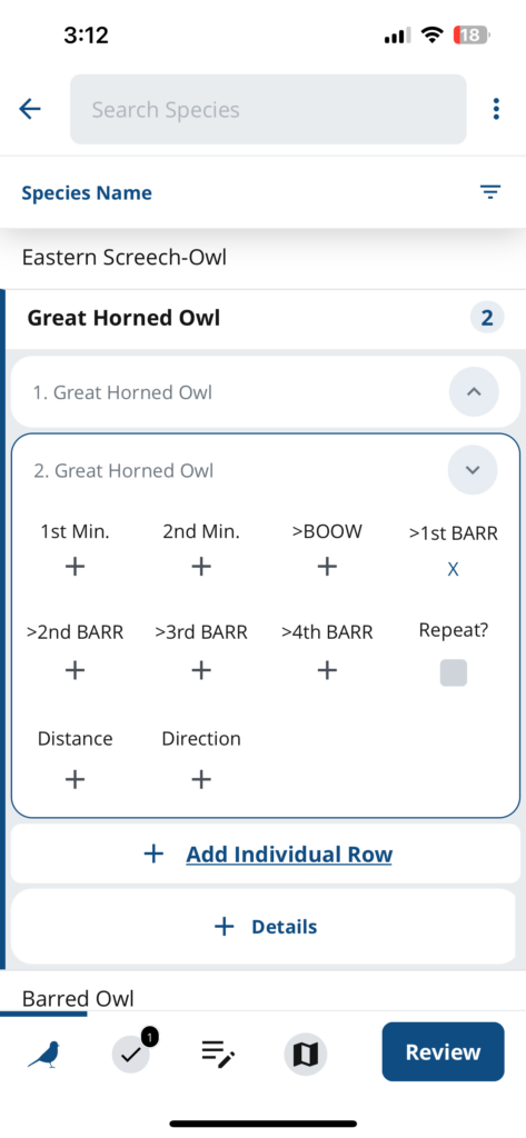 A screenshot of the app showing a second Great Horned Owl being entered.