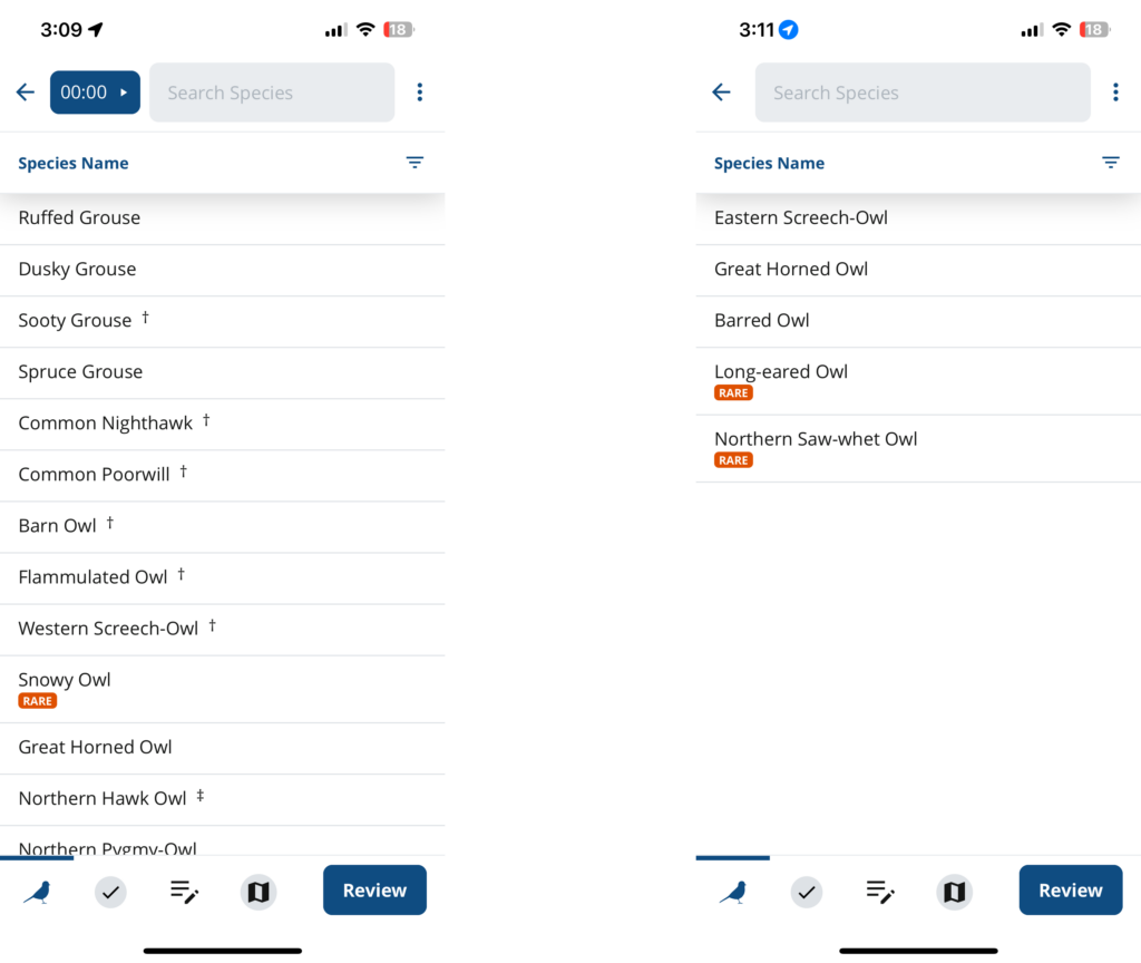 Screenshots of the NatureCounts app showing species lists, one with a timer and one without.