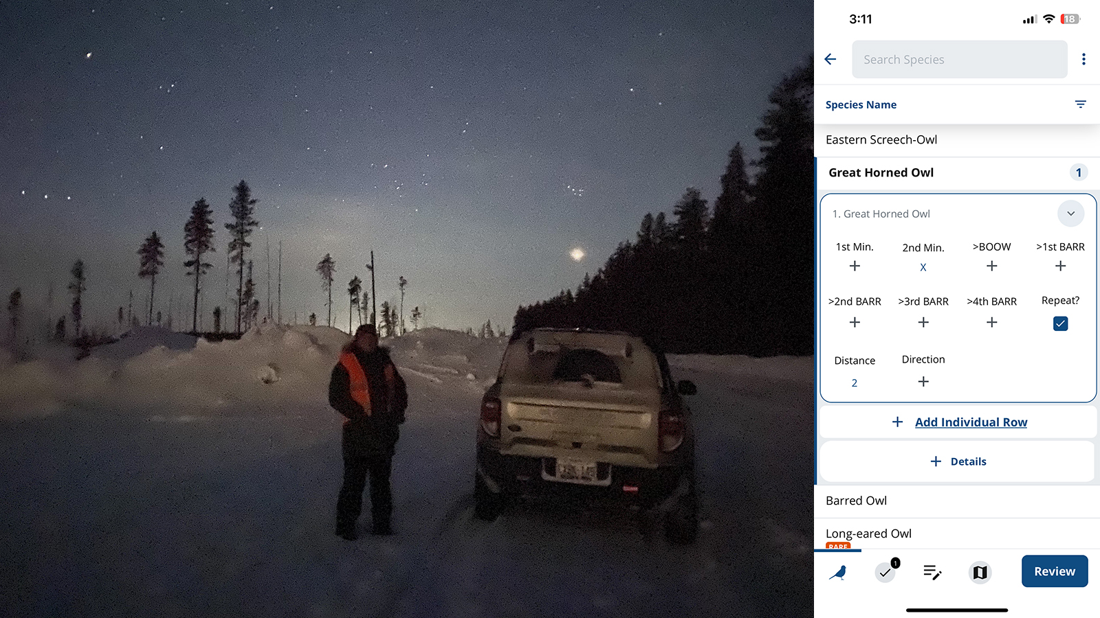 An owl survey volunteer stands on a road under a dark sky, alongside a screenshot of the app showing a nocturnal owl survey.