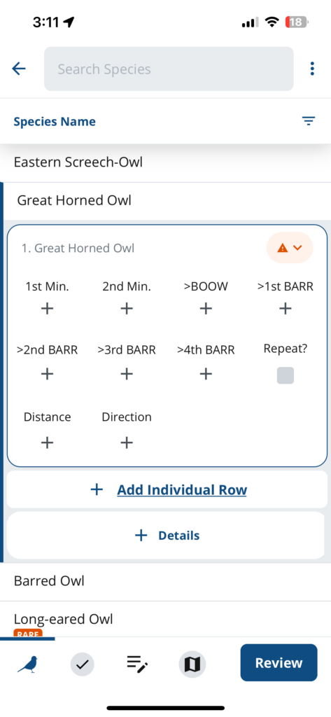 A screenshot of the NatureCounts app showing an observation box for an individual Great Horned Owl.