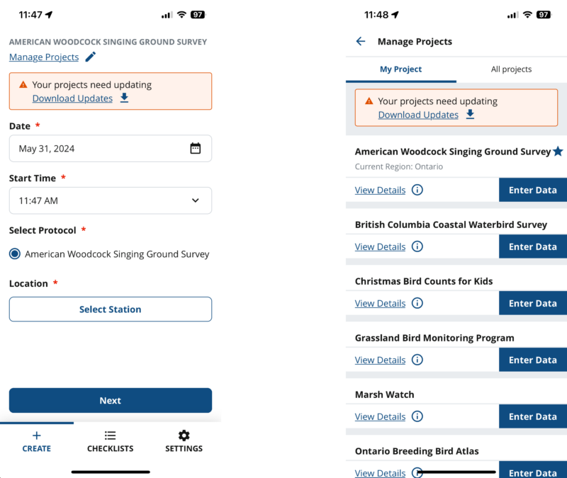 Screenshots from the NatureCounts app showing banners informing the user that project updates are available.
