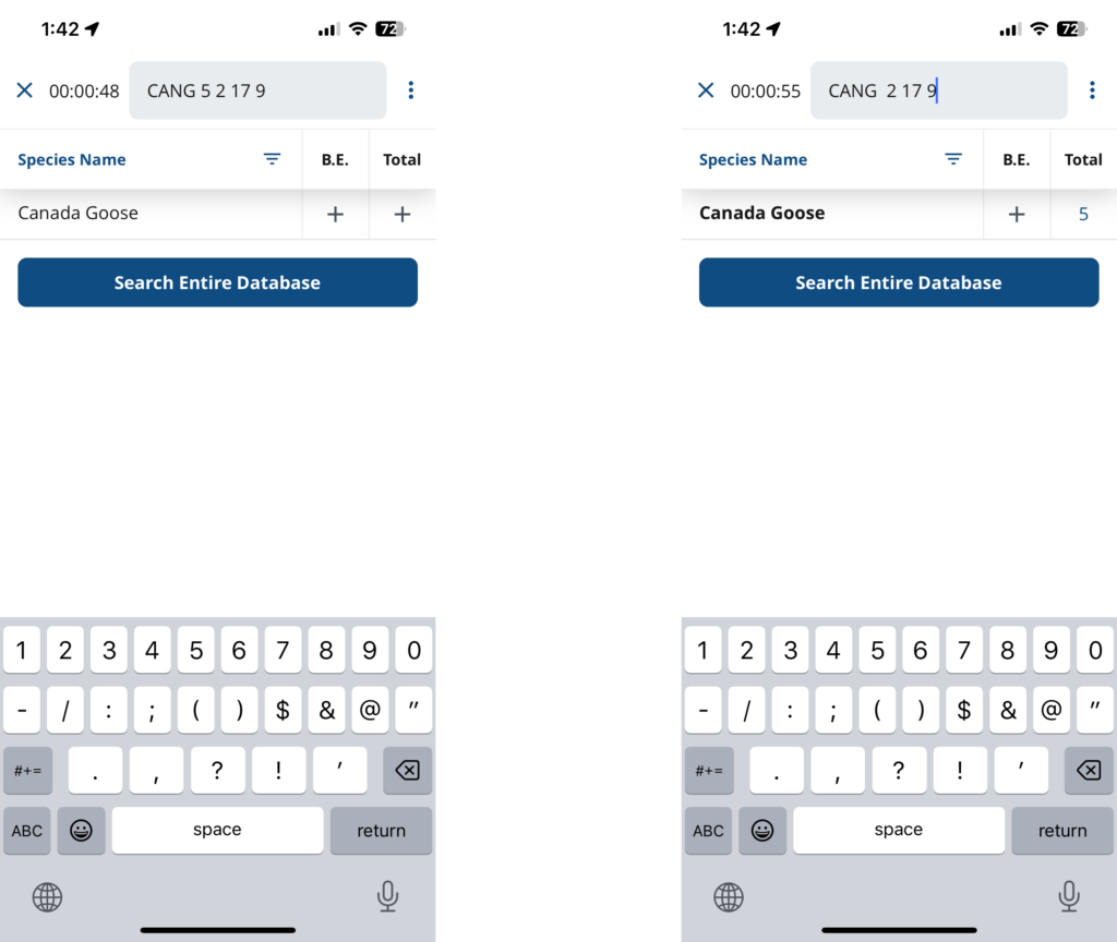 Two screenshots of the NatureCounts app showing the process of fast data entry.