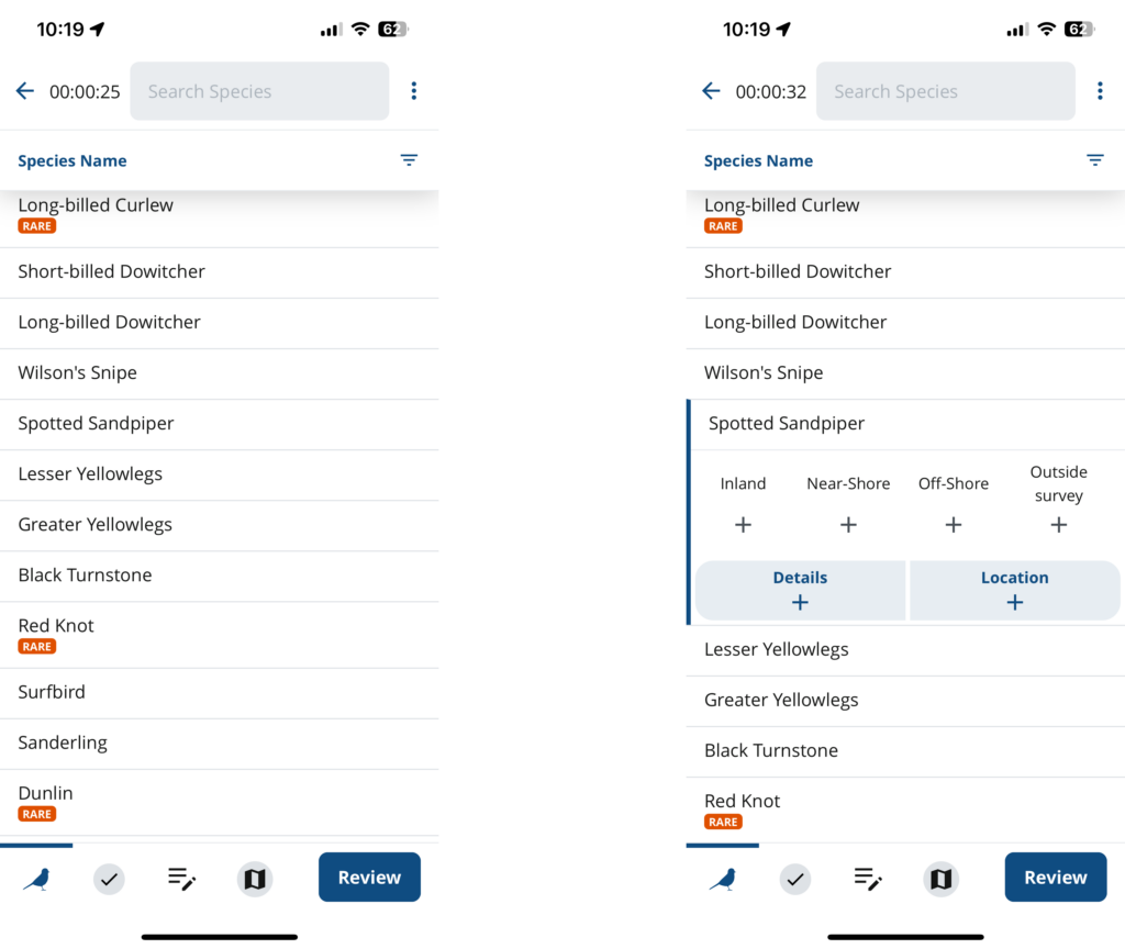 Two screenshots of the NatureCounts app showing checklists surveys that collect multiple variables.