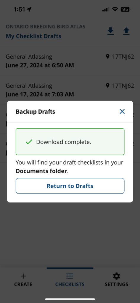 A screenshot of the NatureCounts app showing a prompt indicating a backup file was saved to the documents folder.