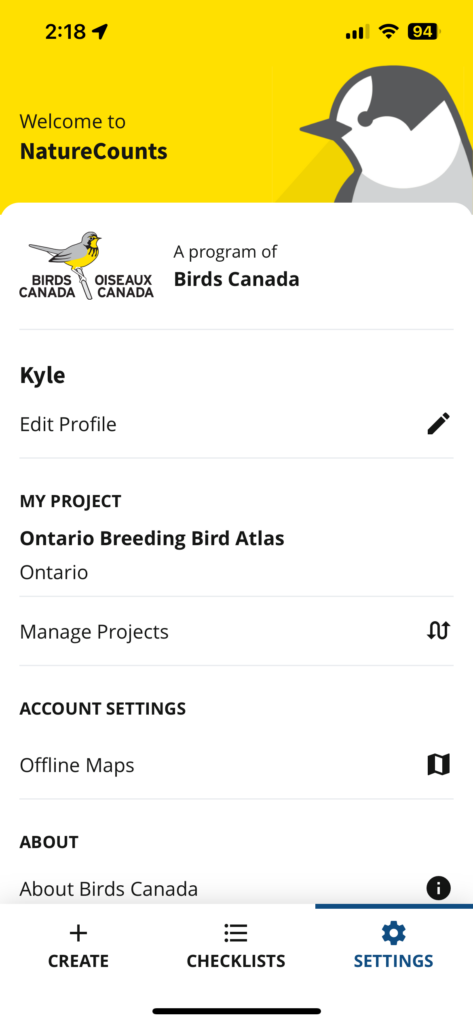 A screenshot of the NatureCounts app showing the Settings tab.