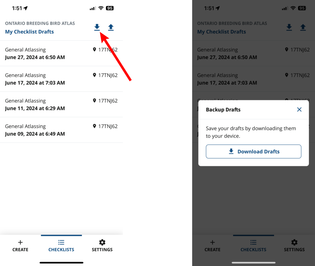 A screenshot of the NatureCounts app showing the Download Checklists option.