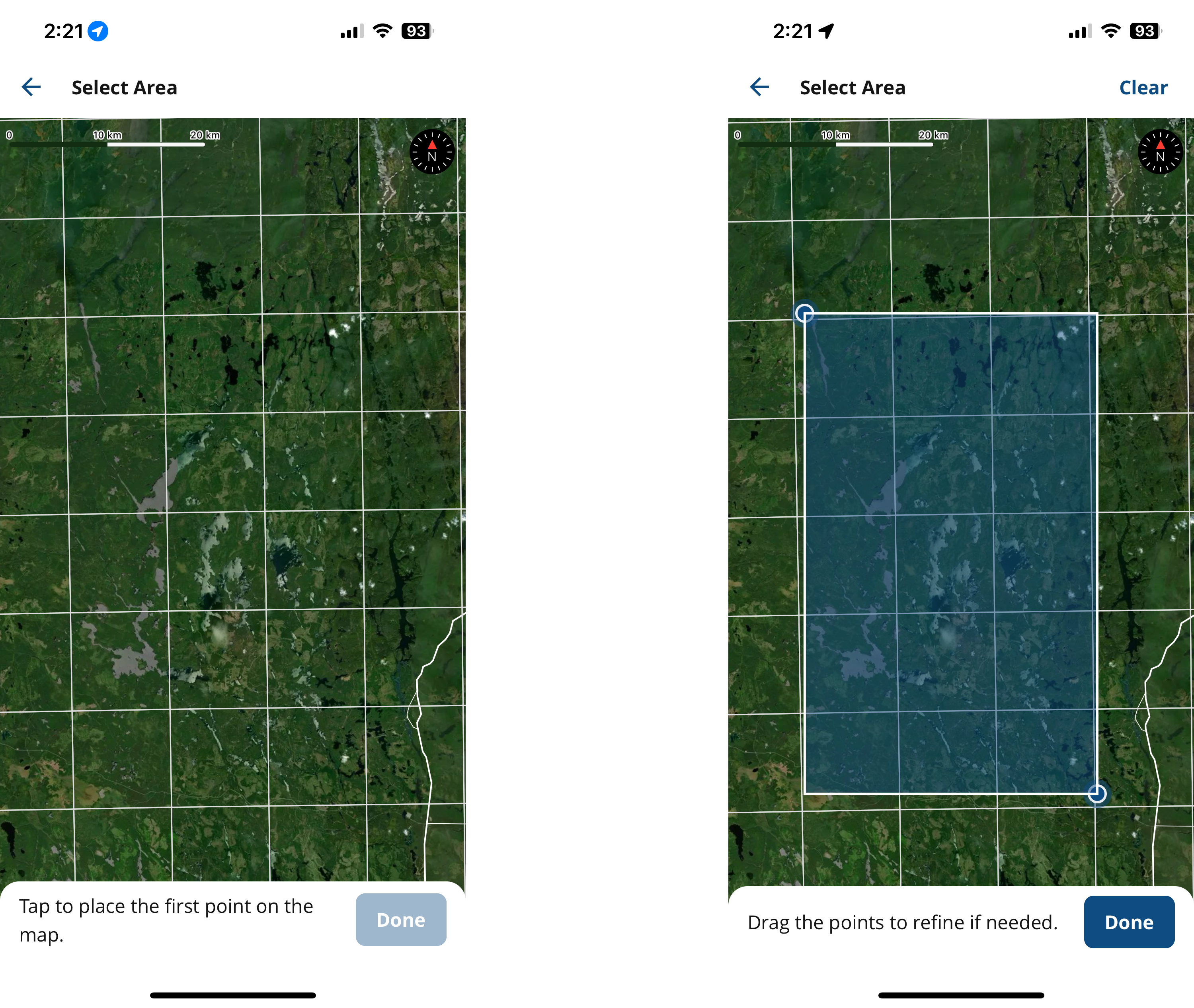 Screenshots of the NatureCounts app showing the map area selection process.