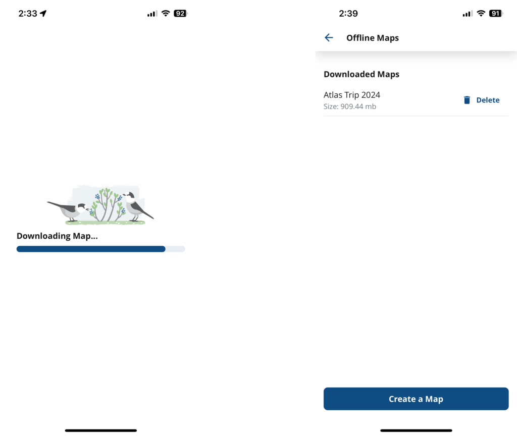 Screenshots of the NatureCounts app showing a map downloading.