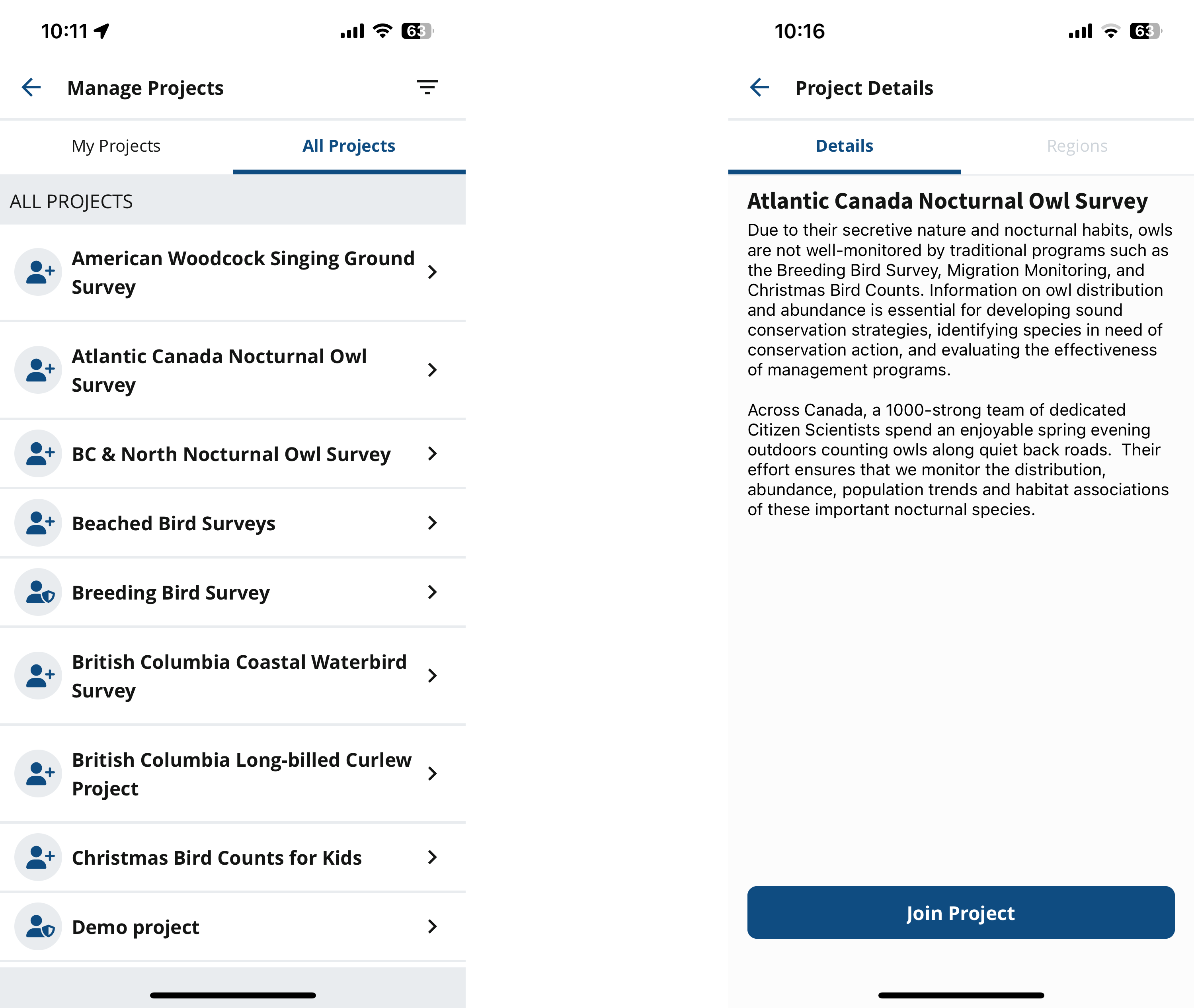 Screenshots of the app showing the all projects tab and the join project screen