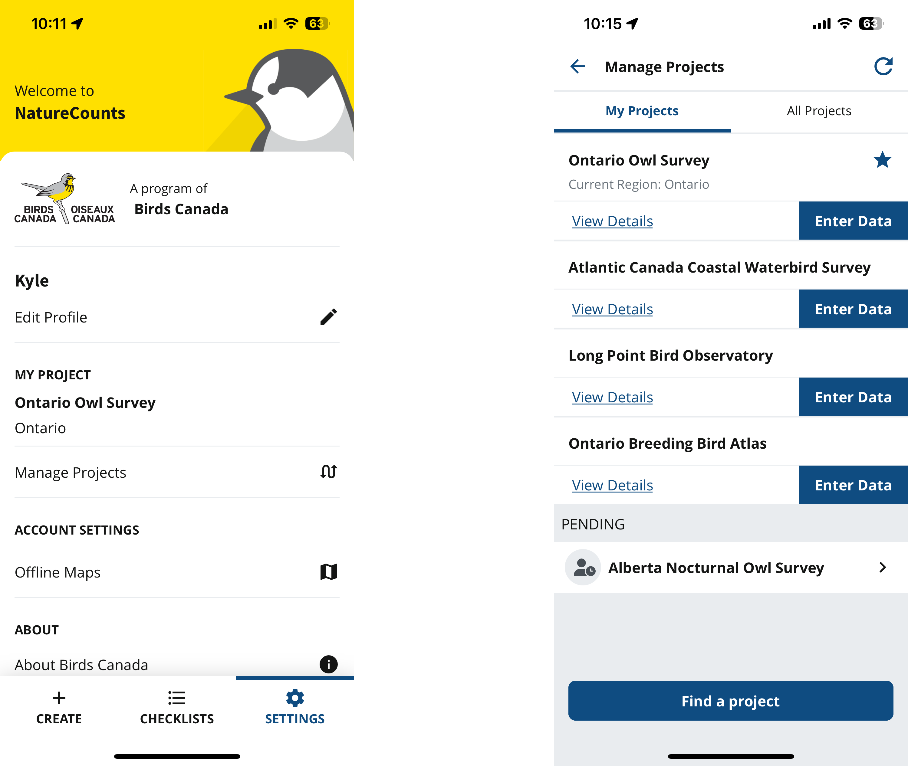 Screenshots of the app showing the settings tab and the my projects tab