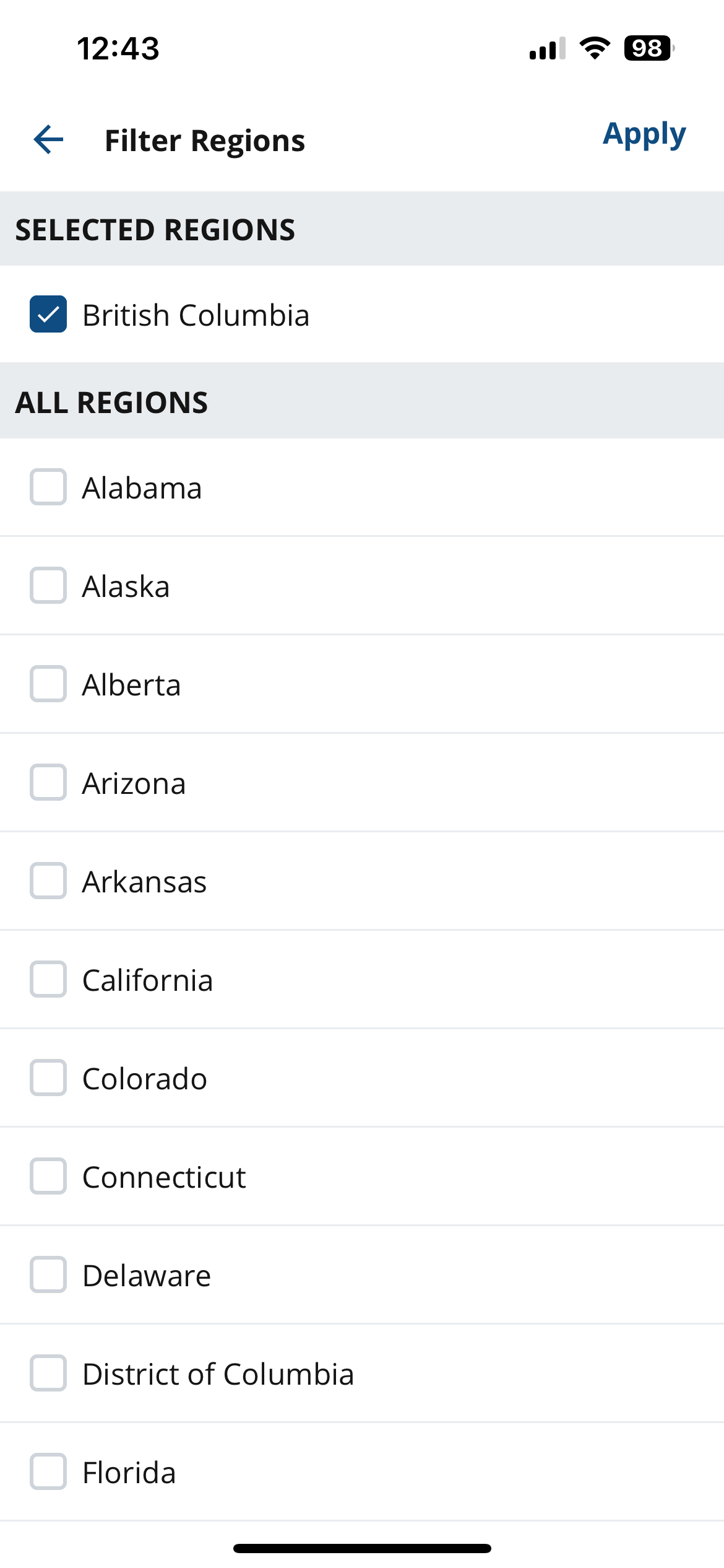 A screenshot of the app showing a list of available regions.