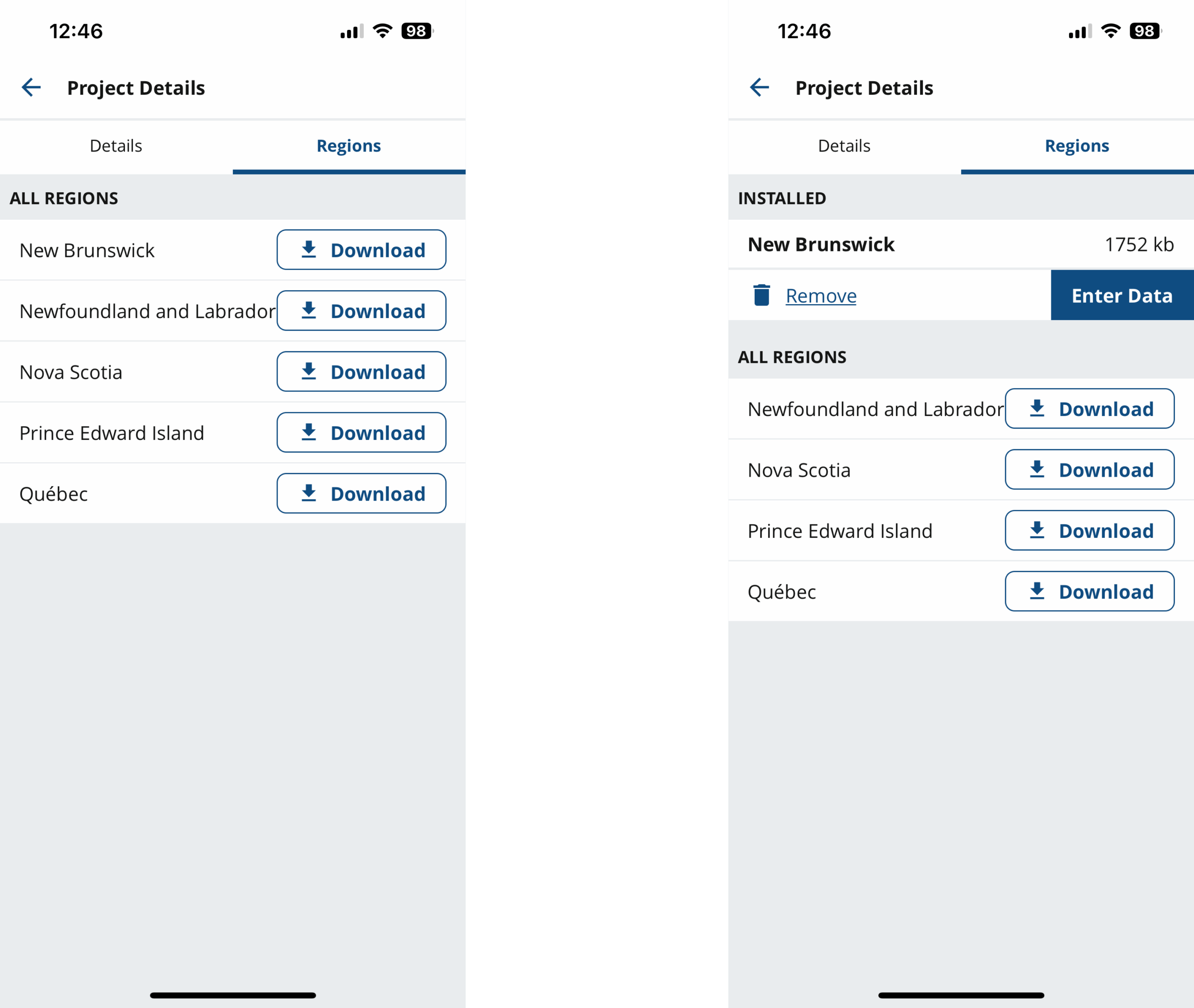 Screenshots of the app showing the process of downloading a project.