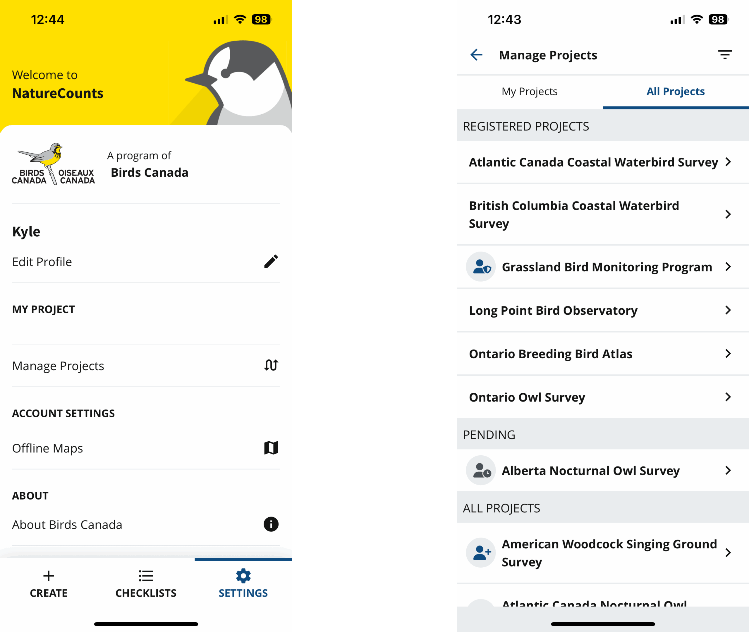 Screenshots of the app showing the Settings tab with a Manage Projects option, and the project list.