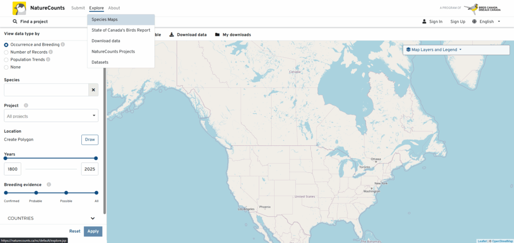 A screenshot of the NatureCounts website shows the mouse hovering over the Explore menu, highlighting the Species Maps option. A blank map of North America is on screen.