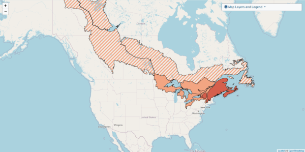 A map of North American covered by colored areas indicating the population trends of Canada Warbler.