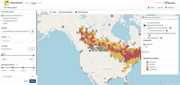 A screenshot of the NatureCounts website shows the map tool, wih the Map Layers and Legend menu open in the upper right corner.