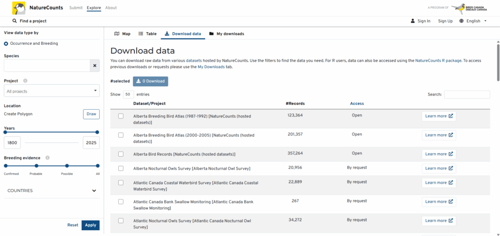 A screenshot of the NatureCounts website shows the Download Data screen with a list of available datasets.