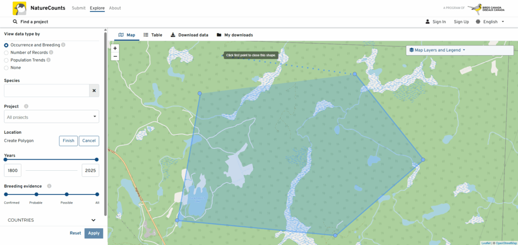 A screenshot of the NatureCounts website shows a map on which a user is drawing a custom shape.