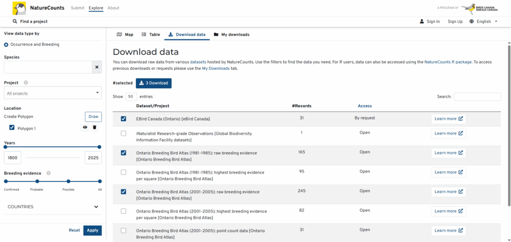 A screenshot of the NatureCounts website shows the Download Data screen, with checked boxes beside some of the available datasets.