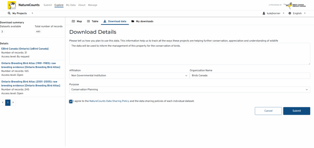 A screenshot of the NatureCounts website shows the data request form, with fields for the purpose, organization affiliation, and a description of how the data will be used.