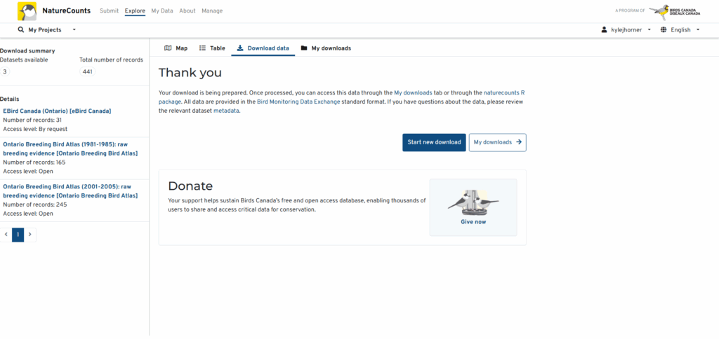 A screenshot of the NatureCounts website shows the 'Thank You' screen that follows a download request.