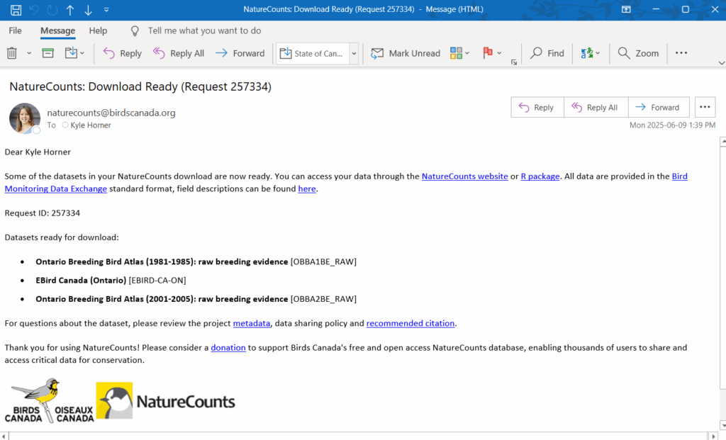 A screenshot of an email shows a notification telling the users that their data download is ready.