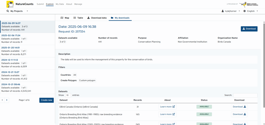 A screenshot of the NatureCounts website shows the My Downloads page, with the details of a recently approved data request on screen.