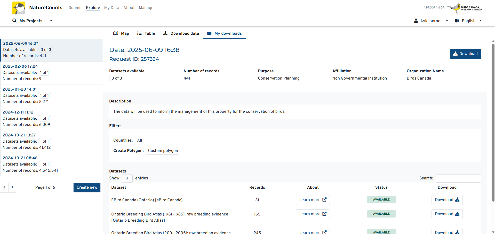 A screenshot of the NatureCounts website shows the My Downloads page, with the details of a recently approved data request on screen.